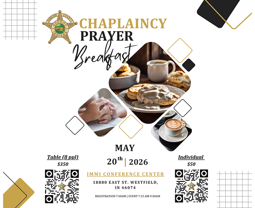 Chaplaincy Prayer Breakfast — May 20, 2026 at IMMI Conference Center, Westfield. Registration and pricing on flyer.